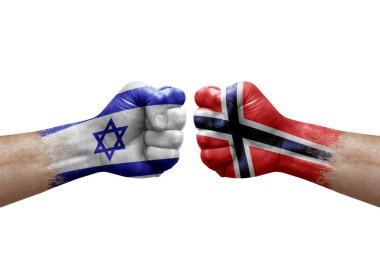 Two hands punch to each others on white background. Country flags painted fists, conflict crisis concept between israel and norway