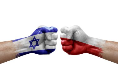 Two hands punch to each others on white background. Country flags painted fists, conflict crisis concept between israel and poland