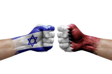 Two hands punch to each others on white background. Country flags painted fists, conflict crisis concept between israel and qatar