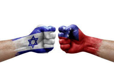 Two hands punch to each others on white background. Country flags painted fists, conflict crisis concept between israel and samoa