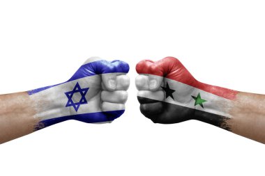 Two hands punch to each others on white background. Country flags painted fists, conflict crisis concept between israel and syria