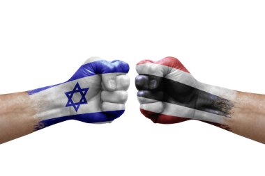 Two hands punch to each others on white background. Country flags painted fists, conflict crisis concept between israel and thailand