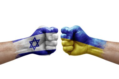 Two hands punch to each others on white background. Country flags painted fists, conflict crisis concept between israel and ukraine
