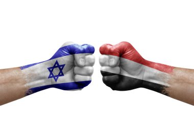 Two hands punch to each others on white background. Country flags painted fists, conflict crisis concept between israel and yemen