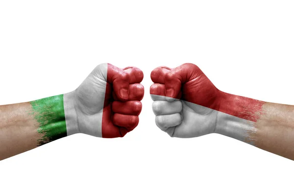 Two Hands Punch Each Others White Background Country Flags Painted — Stockfoto