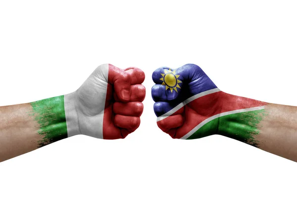 Two Hands Punch Each Others White Background Country Flags Painted — Fotografia de Stock