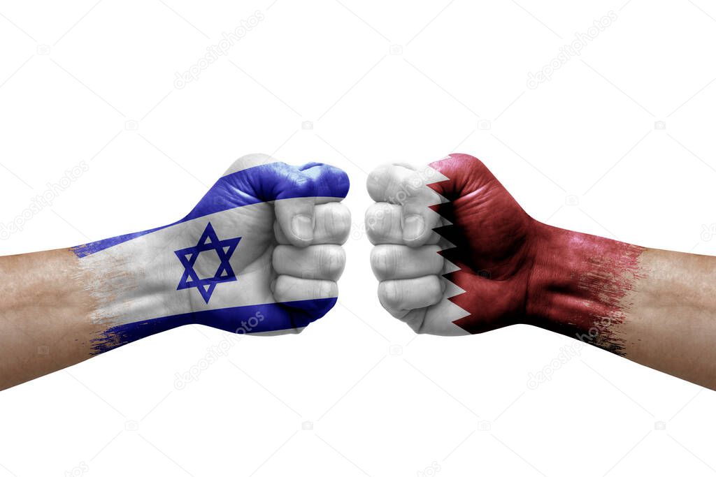 Two hands punch to each others on white background. Country flags painted fists, conflict crisis concept between israel and qatar
