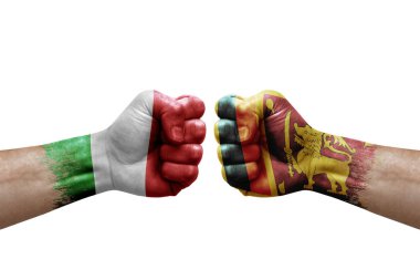 Two hands punch to each others on white background. Country flags painted fists, conflict crisis concept between italy and sri lanka