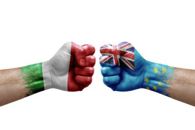 Two hands punch to each others on white background. Country flags painted fists, conflict crisis concept between italy and tuvalu