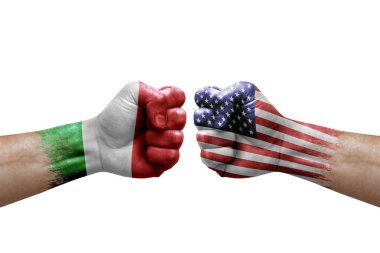 Two hands punch to each others on white background. Country flags painted fists, conflict crisis concept between italy and usa