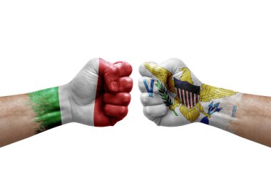 Two hands punch to each others on white background. Country flags painted fists, conflict crisis concept between italy and virgin islands
