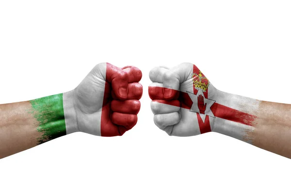 Two Hands Punch Each Others White Background Country Flags Painted — Stok fotoğraf