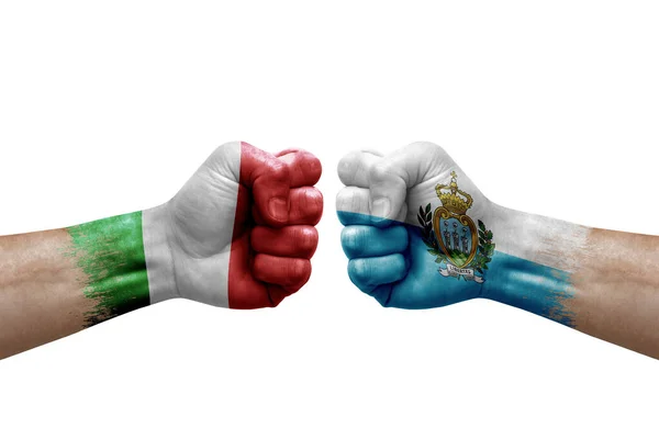 Two Hands Punch Each Others White Background Country Flags Painted — Stock fotografie