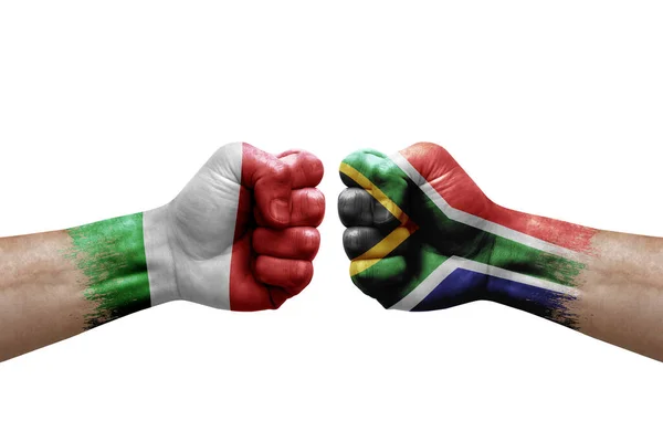 Two Hands Punch Each Others White Background Country Flags Painted — Stockfoto