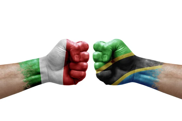 Two Hands Punch Each Others White Background Country Flags Painted — Stok fotoğraf