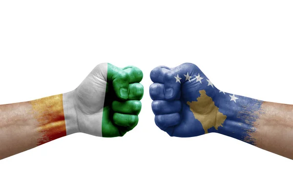 Two Hands Punch Each Others White Background Country Flags Painted — Stockfoto