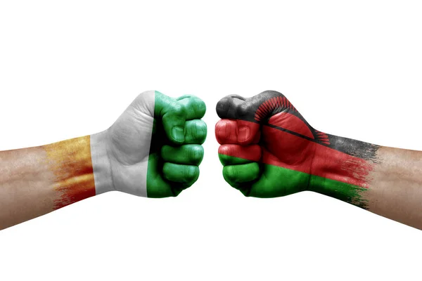 Two Hands Punch Each Others White Background Country Flags Painted — 图库照片