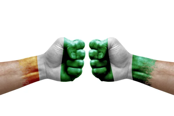 Two Hands Punch Each Others White Background Country Flags Painted — Stockfoto