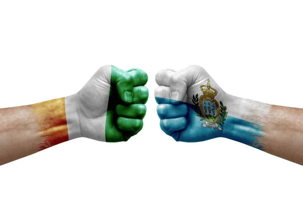 Two Hands Punch Each Others White Background Country Flags Painted — Stock fotografie