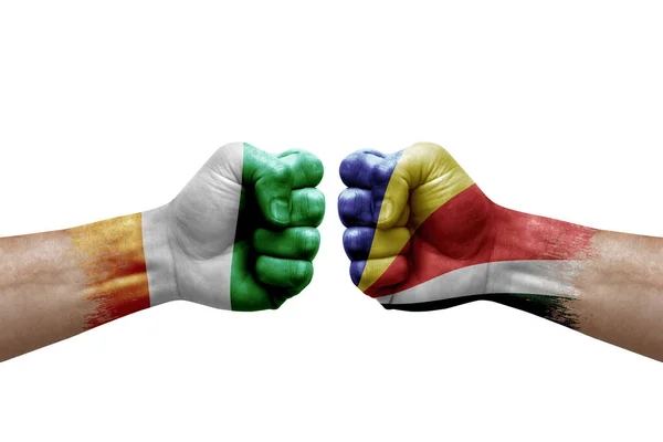 Two Hands Punch Each Others White Background Country Flags Painted — Stock Photo, Image