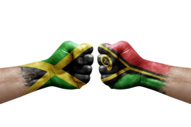 Two hands punch to each others on white background. Country flags painted fists, conflict crisis concept between jamaica and vanuatu