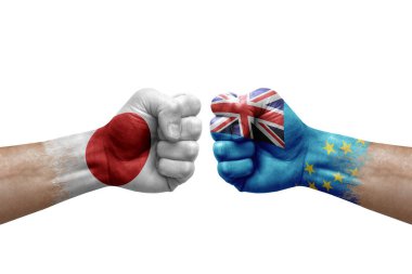 Two hands punch to each others on white background. Country flags painted fists, conflict crisis concept between japan and tuvalu