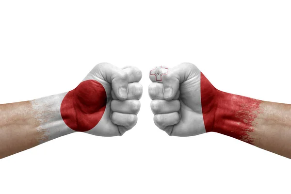 Two Hands Punch Each Others White Background Country Flags Painted — Fotografia de Stock