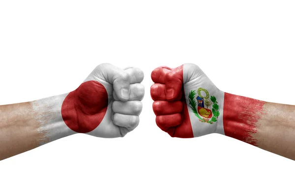 Two Hands Punch Each Others White Background Country Flags Painted —  Fotos de Stock