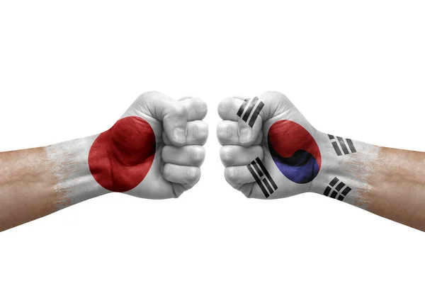 Two Hands Punch Each Others White Background Country Flags Painted — Stockfoto