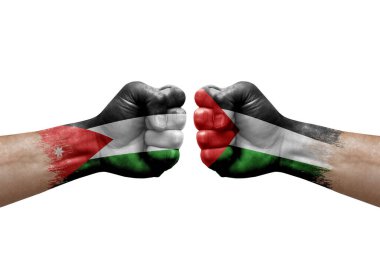 Two hands punch to each others on white background. Country flags painted fists, conflict crisis concept between jordan and palestine