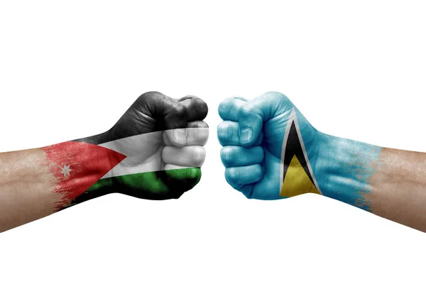 Two Hands Punch Each Others White Background Country Flags Painted — Stock Fotó