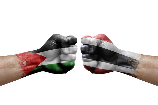 Two Hands Punch Each Others White Background Country Flags Painted — Foto de Stock