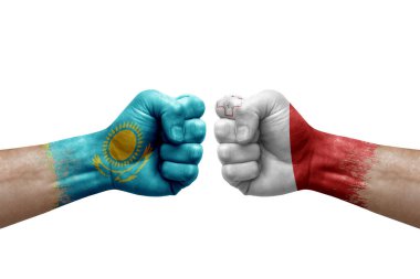Two hands punch to each others on white background. Country flags painted fists, conflict crisis concept between kazakhstan and malta