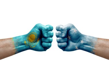 Two hands punch to each others on white background. Country flags painted fists, conflict crisis concept between kazakhstan and micronesia