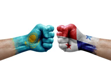 Two hands punch to each others on white background. Country flags painted fists, conflict crisis concept between kazakhstan and panama
