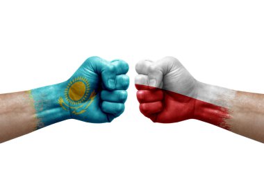 Two hands punch to each others on white background. Country flags painted fists, conflict crisis concept between kazakhstan and poland