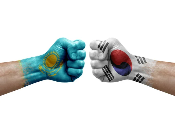 Two Hands Punch Each Others White Background Country Flags Painted — Fotografia de Stock