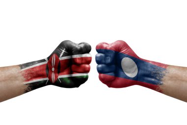 Two hands punch to each others on white background. Country flags painted fists, conflict crisis concept between kenya and laos