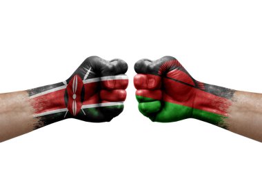 Two hands punch to each others on white background. Country flags painted fists, conflict crisis concept between kenya and malawi