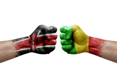 Two hands punch to each others on white background. Country flags painted fists, conflict crisis concept between kenya and mali