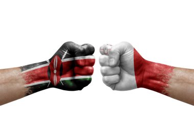 Two hands punch to each others on white background. Country flags painted fists, conflict crisis concept between kenya and malta