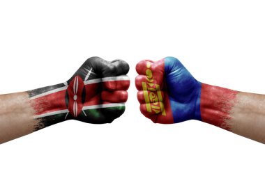 Two hands punch to each others on white background. Country flags painted fists, conflict crisis concept between kenya and mongolia