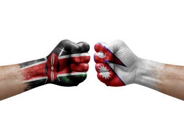 Two hands punch to each others on white background. Country flags painted fists, conflict crisis concept between kenya and nepal