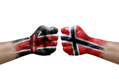 Two hands punch to each others on white background. Country flags painted fists, conflict crisis concept between kenya and norway