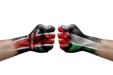 Two hands punch to each others on white background. Country flags painted fists, conflict crisis concept between kenya and palestine