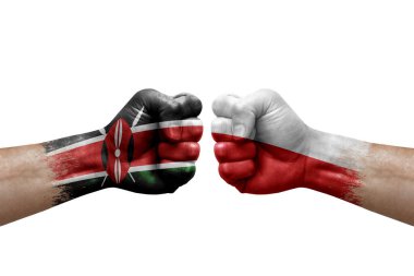 Two hands punch to each others on white background. Country flags painted fists, conflict crisis concept between kenya and poland