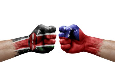 Two hands punch to each others on white background. Country flags painted fists, conflict crisis concept between kenya and samoa