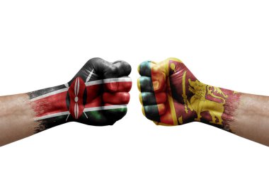 Two hands punch to each others on white background. Country flags painted fists, conflict crisis concept between kenya and sri lanka