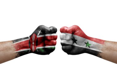 Two hands punch to each others on white background. Country flags painted fists, conflict crisis concept between kenya and syria