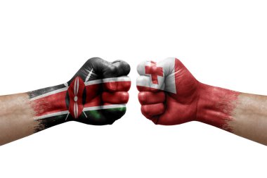 Two hands punch to each others on white background. Country flags painted fists, conflict crisis concept between kenya and tonga